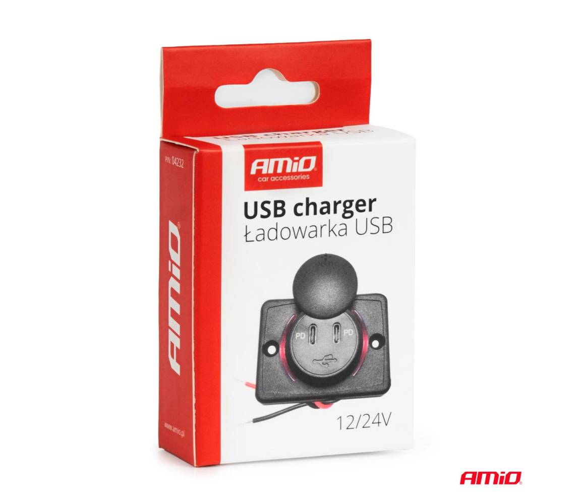Laadija 2xUSB-C pesa 12/24V punane taust