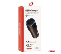 Kiirlaadija alumiinium USB-C+USB 38W 3,0A 12/24V Amio