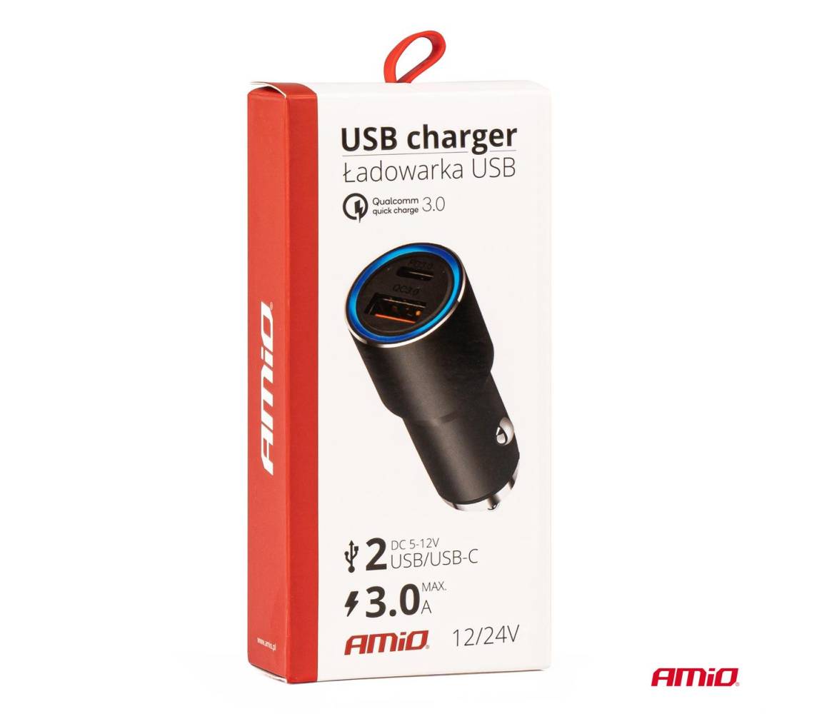 Kiirlaadija alumiinium USB-C+USB 38W 3,0A 12/24V Amio