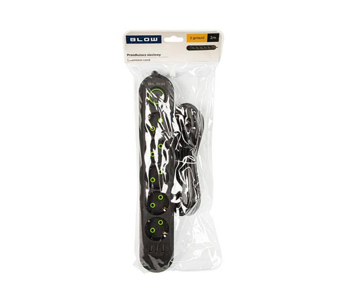 Pikendusjuhe lülitiga 230V 2m 3xUSB must