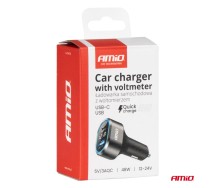 USB kiirlaadija 1xUSB-A+1xUSB-C+voltmeeter 48W 12/24V Amio