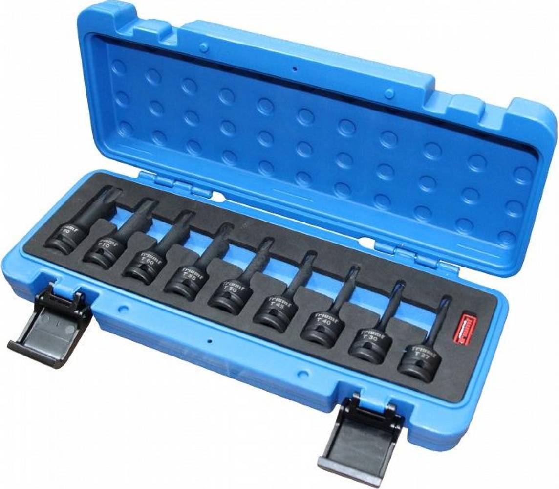 9-os.1/2" pikkade torx löökotsikute komplekt t27-t80. foam Triumf