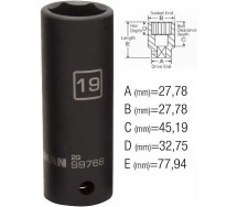 1/2" pikk löökpadrun 19mm. steelman pro/js 28x78mm