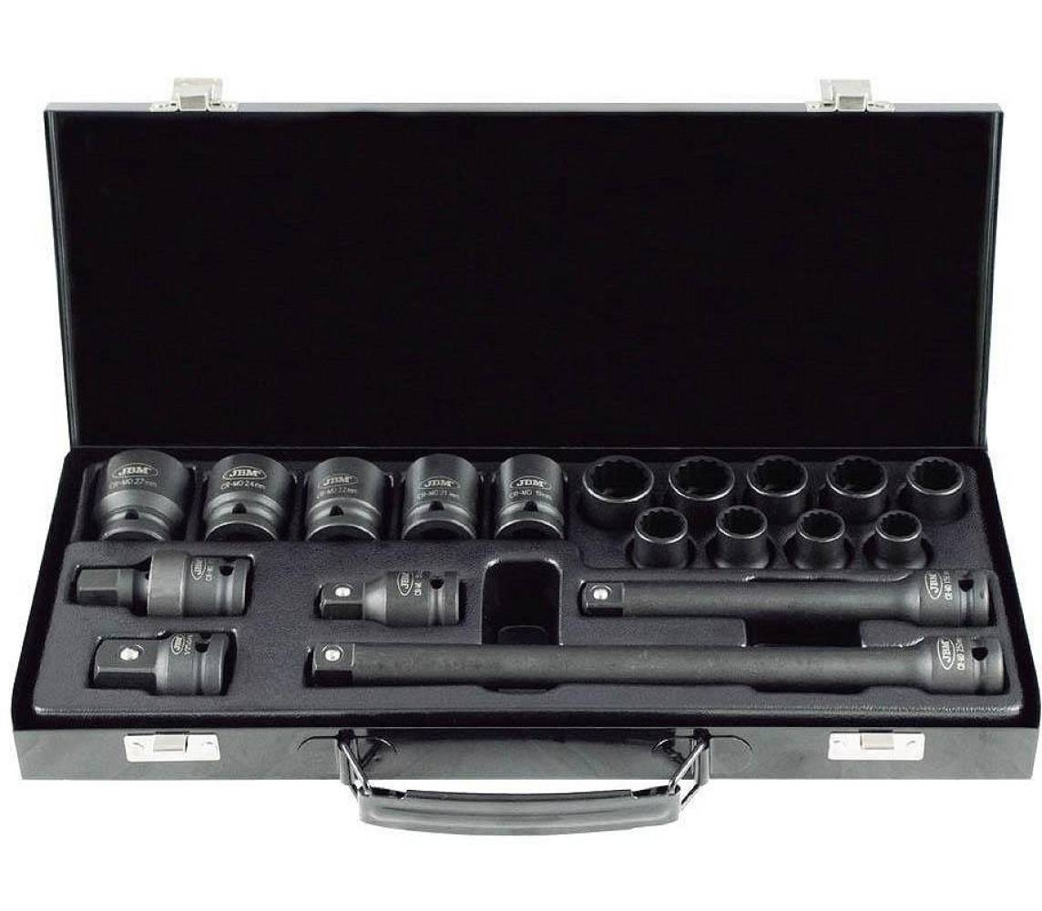 19-os. 1/2" löökpadrunite. pikenduste. komplekt 10-27mm. 12-kant. metallkohver JBM