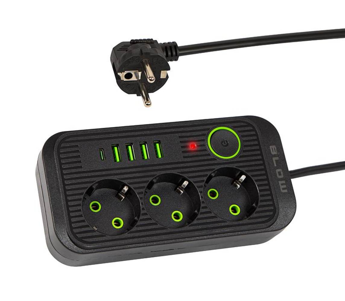 Удлинитель квадратный 4xUSB 1xUSB-C 3м черный 2x1мм Blow