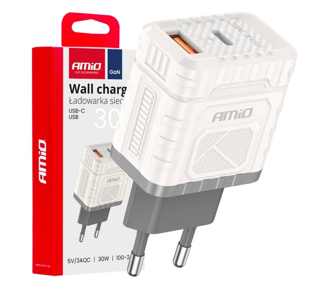 Seinalaadija Quick Charge GaN 30W USB-A + USB-C Amio